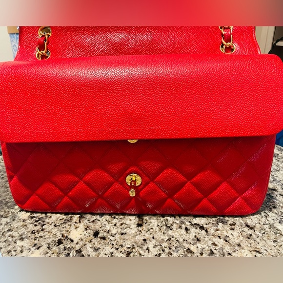 CHANEL JUMBO DOUBLE FLAP RED quilted caviar leather handbag - Picture 9 of 17